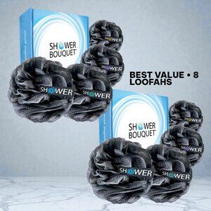 Shower Bouquet XL Charcoal Loofah Set (8 Pack) | Mesh Sponge Wholesale Bundle